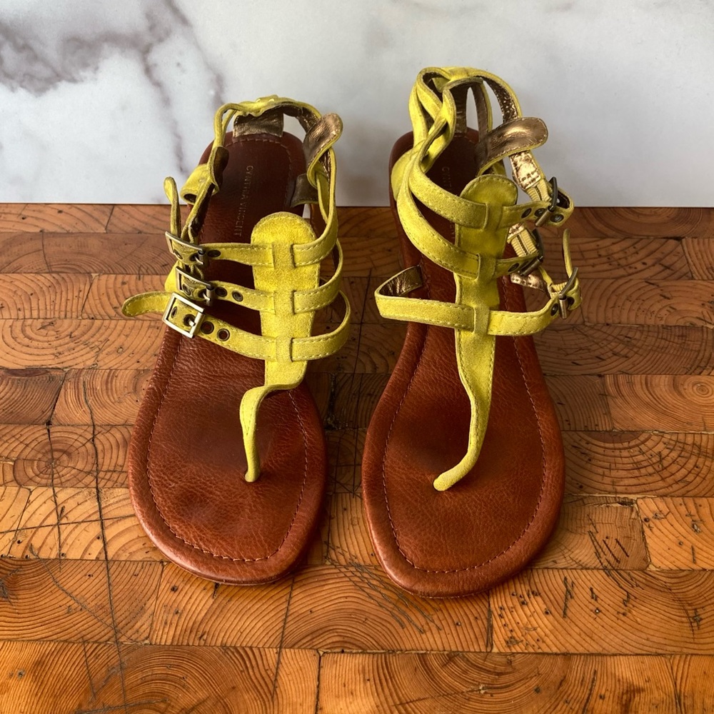 Cynthia Vincent Chartreuse  Suede T+strap Sandal